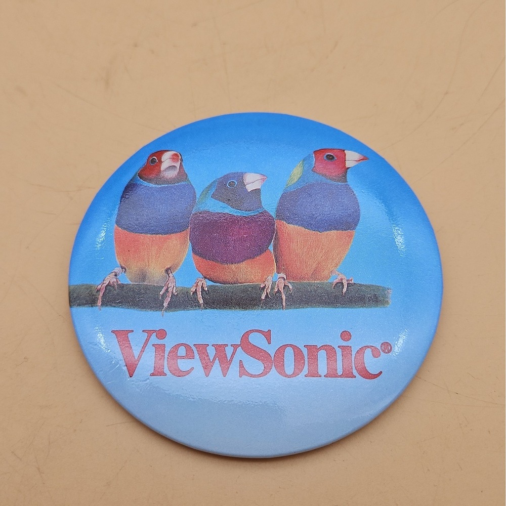 Vtg ViewSonic Logo Birds Gouldian Finches Advertising Large Button Pin 3.5"